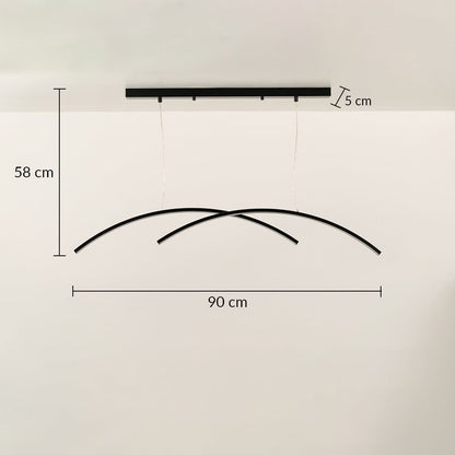 A sleek black curved ceiling light with intersecting arcs shown with 56 cm height and 90 cm width ideal for modern LED suspension lighting and stylish décor.