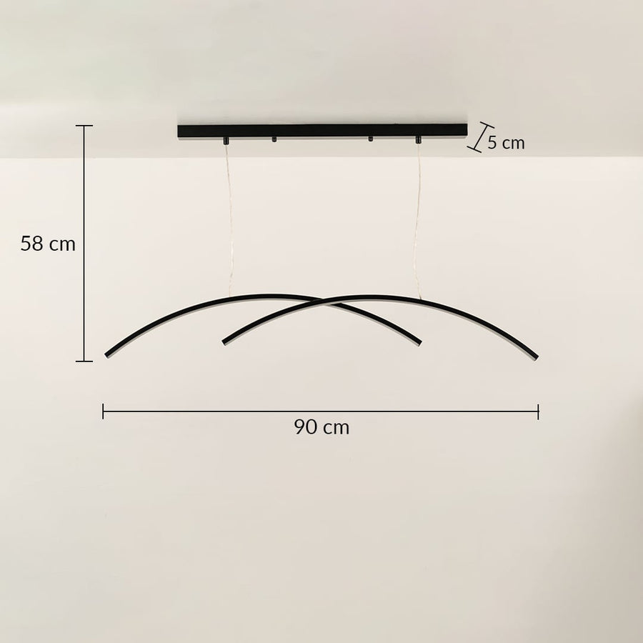A sleek black curved ceiling light with intersecting arcs shown with 56 cm height and 90 cm width ideal for modern LED suspension lighting and stylish décor.