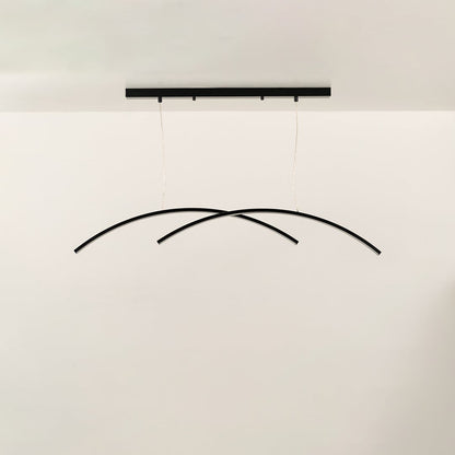 A black curved ceiling light featuring intersecting arcs perfect for modern LED suspension lighting and clean minimal interior décor styling.