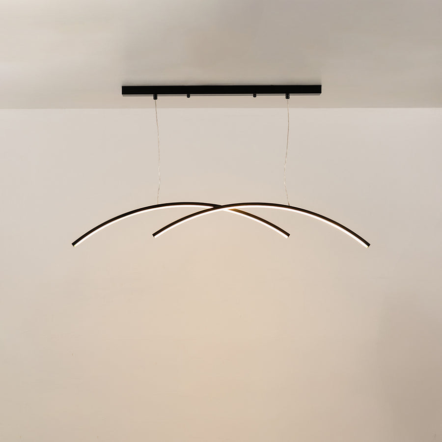 Black metal curved LED pendant light with sleek illuminated design offering contemporary ceiling lighting for interiors.