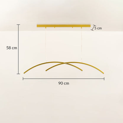 A gold curved ceiling light with twin arc design shown with 58 cm height and 90 cm width ideal for elegant LED chandelier lighting and refined interior décor.