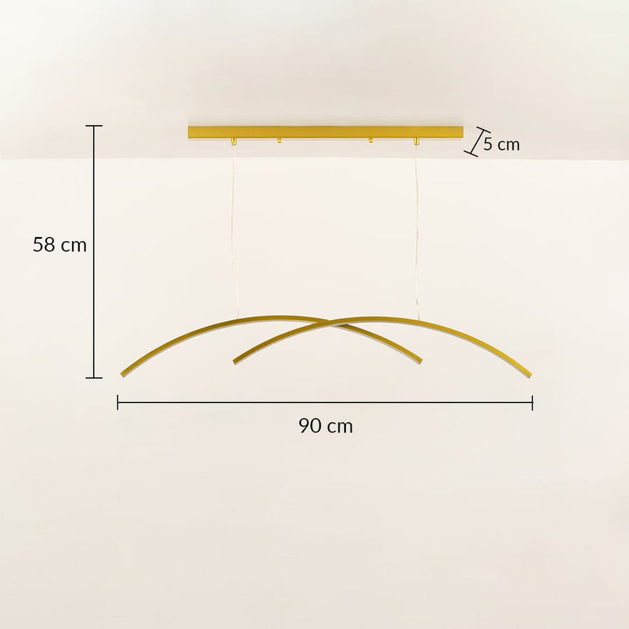 A gold curved ceiling light with twin arc design shown with 58 cm height and 90 cm width ideal for elegant LED chandelier lighting and refined interior décor.