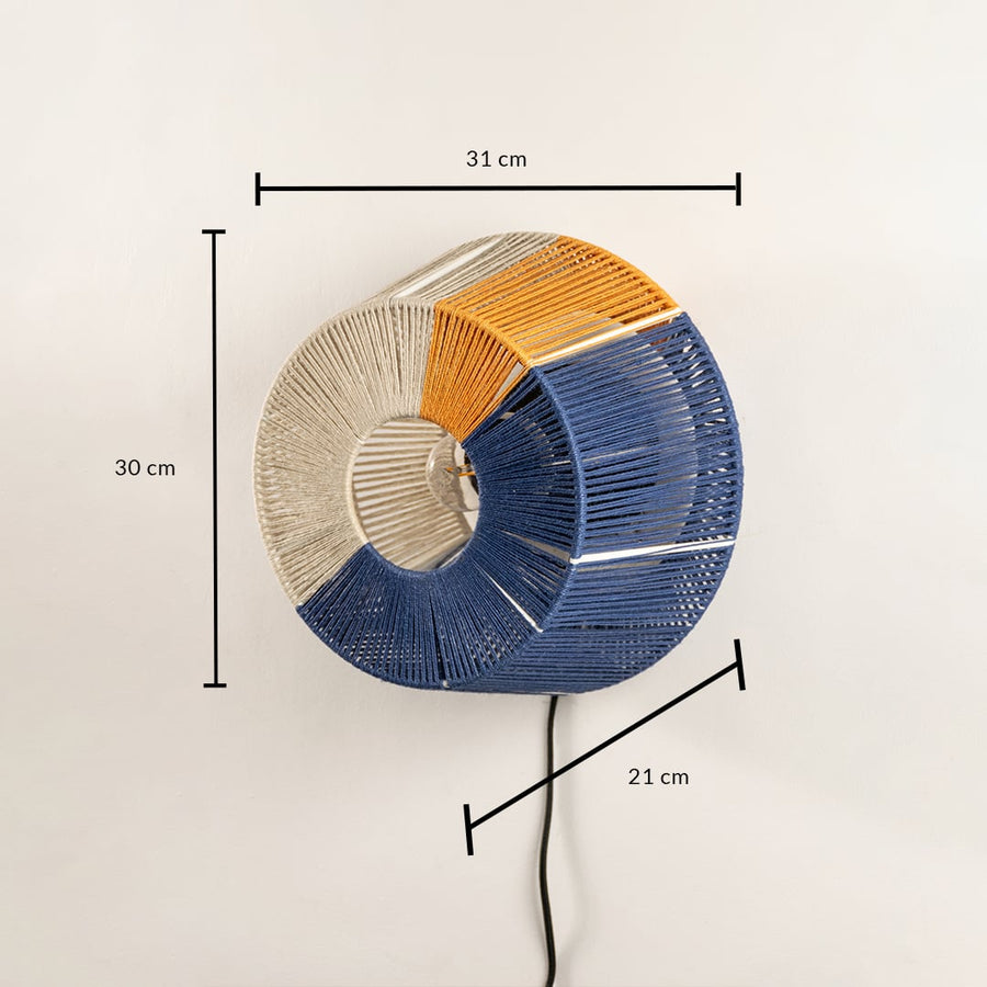 Boho style tricolor round rope wall lamp shade showing product measurements of thirty centimeters high and thirty-one wide.