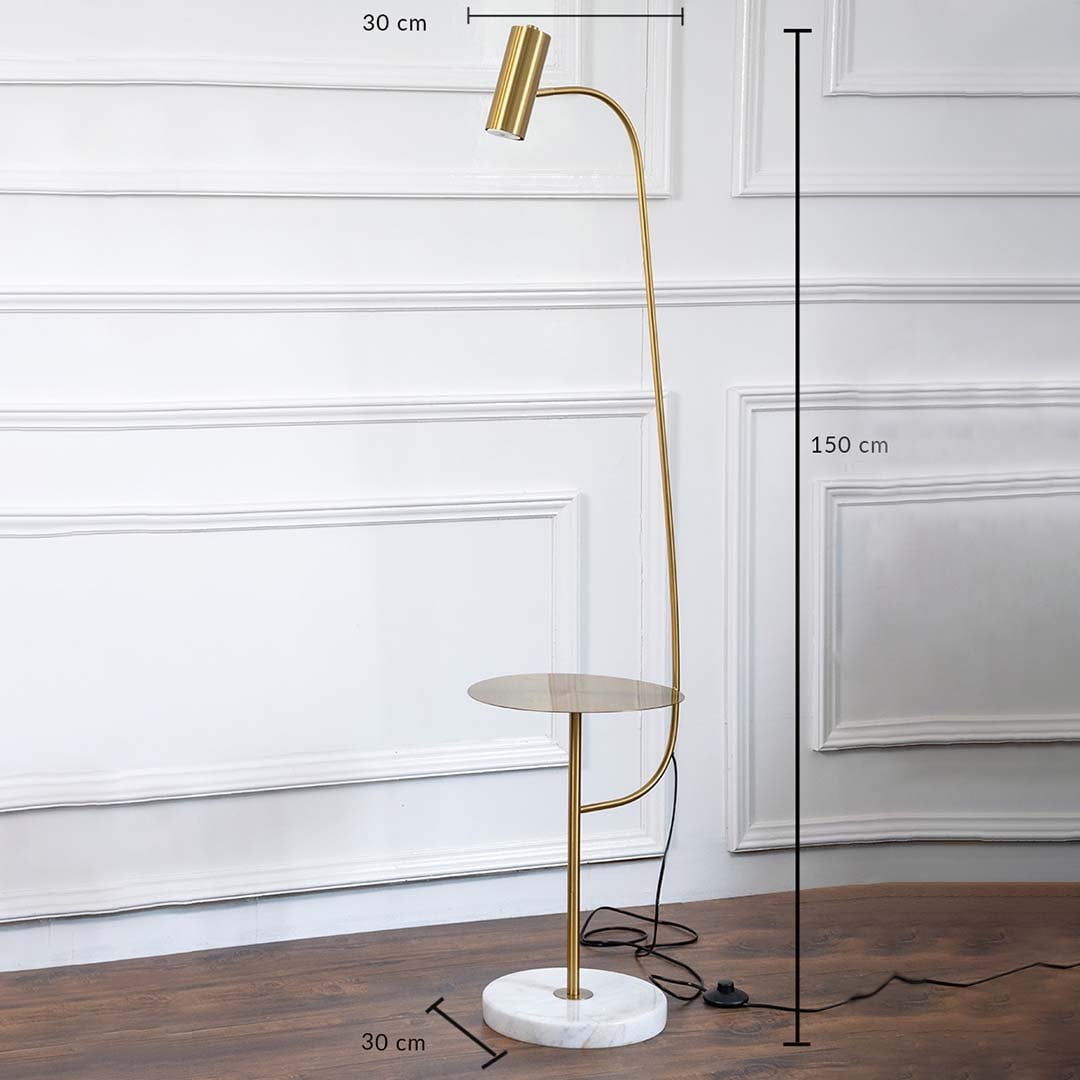 Dimensions image of gold floor lamp with side table showing 150 cm height 30 cm shade and 30 cm marble base.