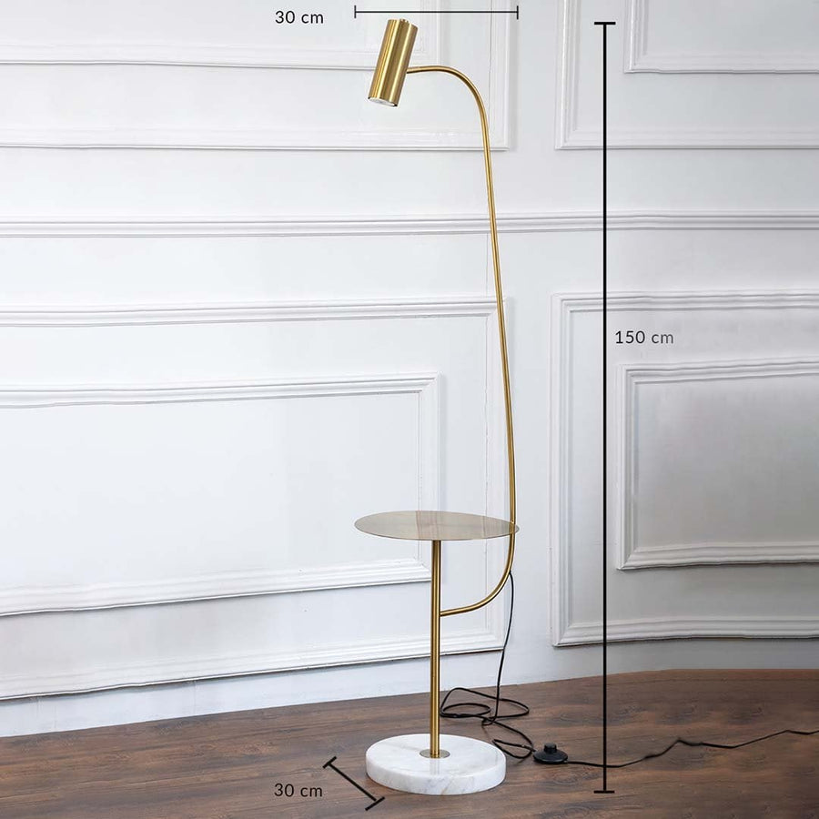 Dimensions image of gold floor lamp with side table showing 150 cm height 30 cm shade and 30 cm marble base.