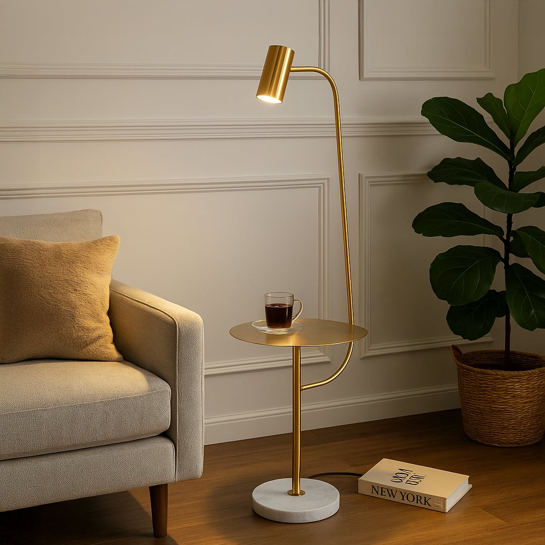 Luxury floor lamp with table styled beside a sofa illuminated to create a cozy reading corner ambiance.