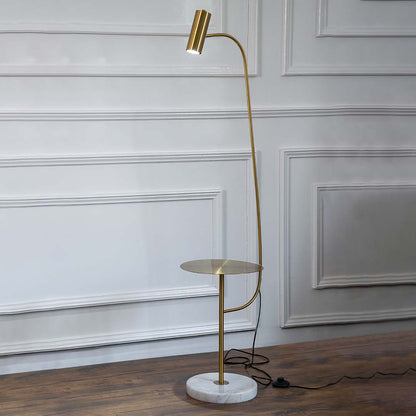 White floor lamp with brass stem and geometric shades designed for contemporary living room and reading corner decor.