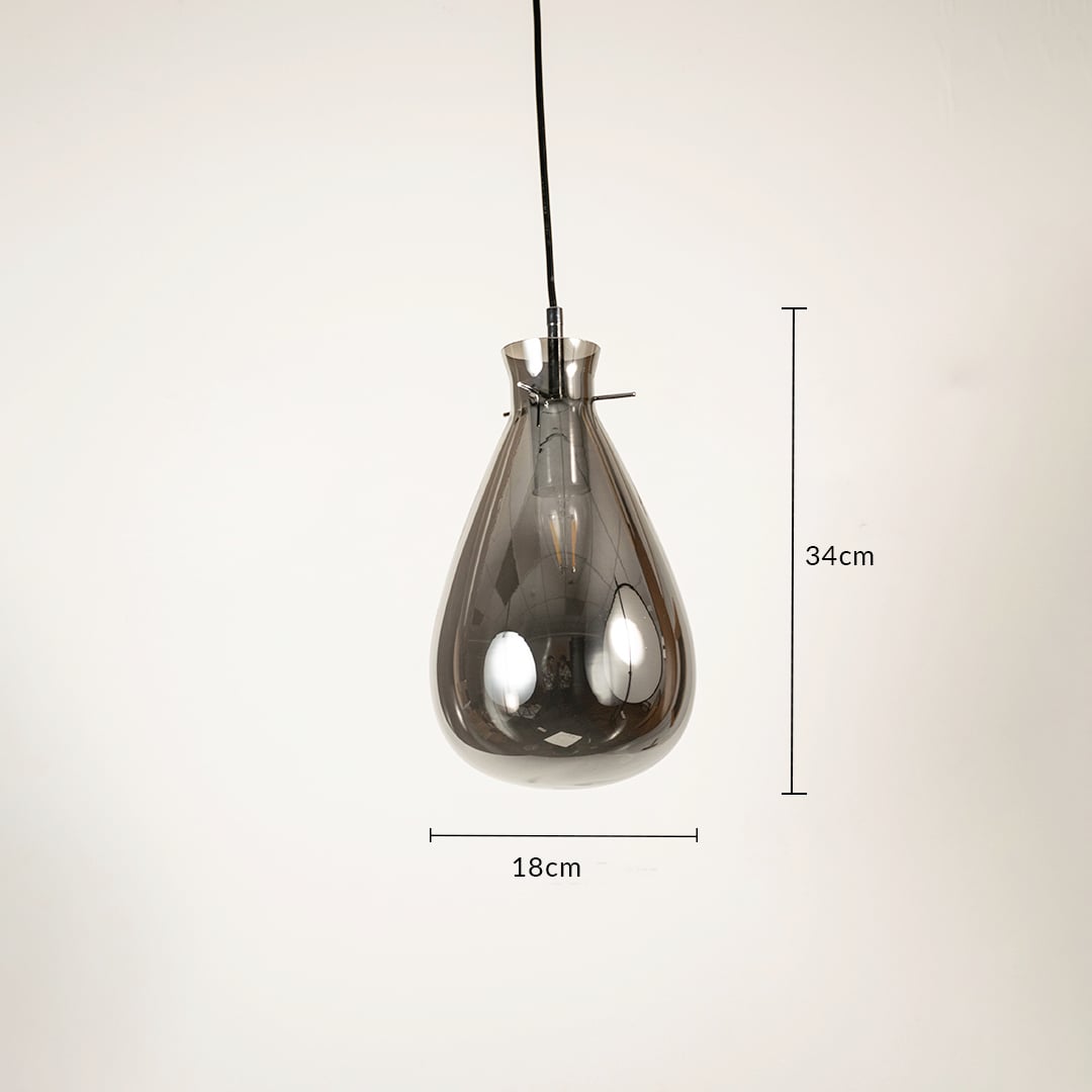 Modern smoked glass pendant light showing 34 cm height and 18 cm width ideal for luxury dining and living room interiors.