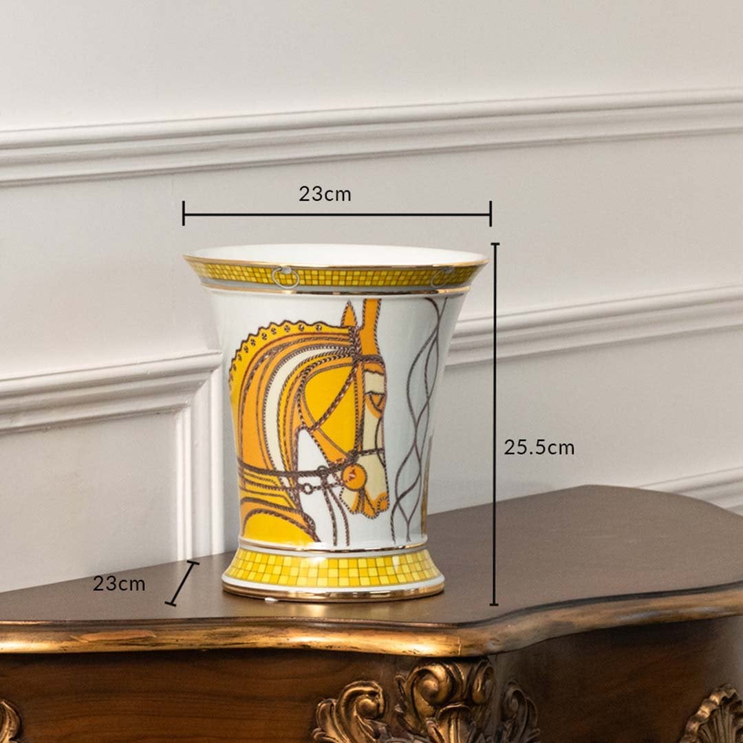 White ceramic jar with golden horse artwork measuring 22.5 cm width and 25.5 cm height perfect for premium tabletop décor and refined styling.