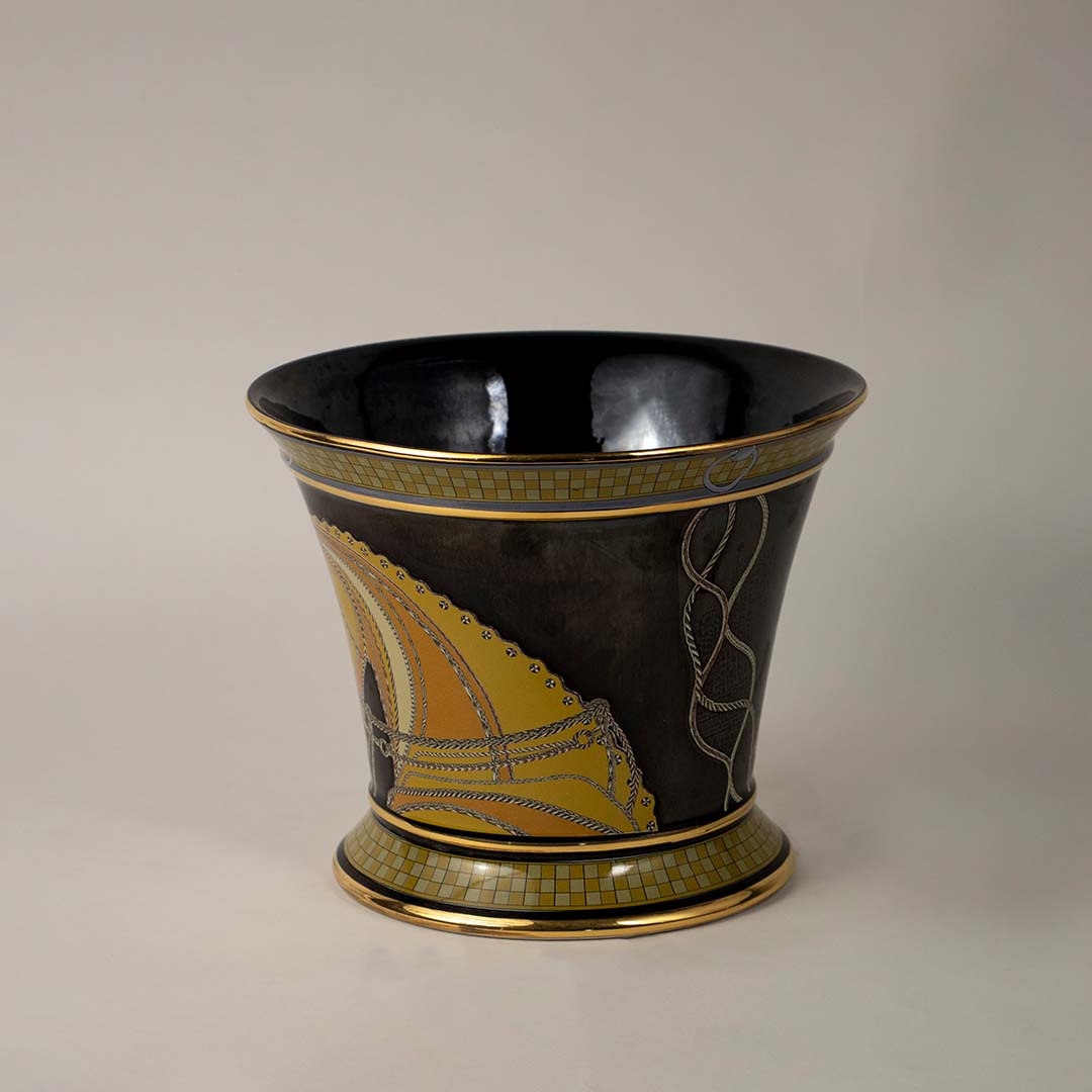 Side angle image black ceramic vase with golden horse motif and glossy finish stylish decorative accent for home decor.