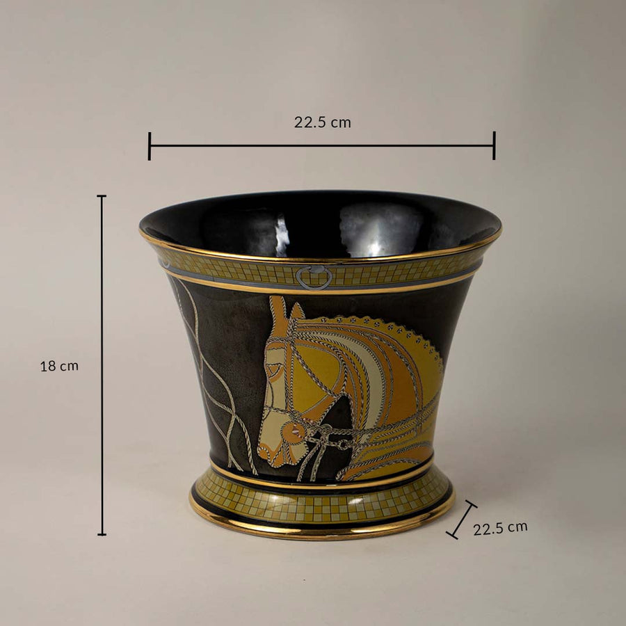 Hand painted ceramic planter showing 16 cm height and 14 cm width dimensions suitable for tabletop or shelf decor placement.