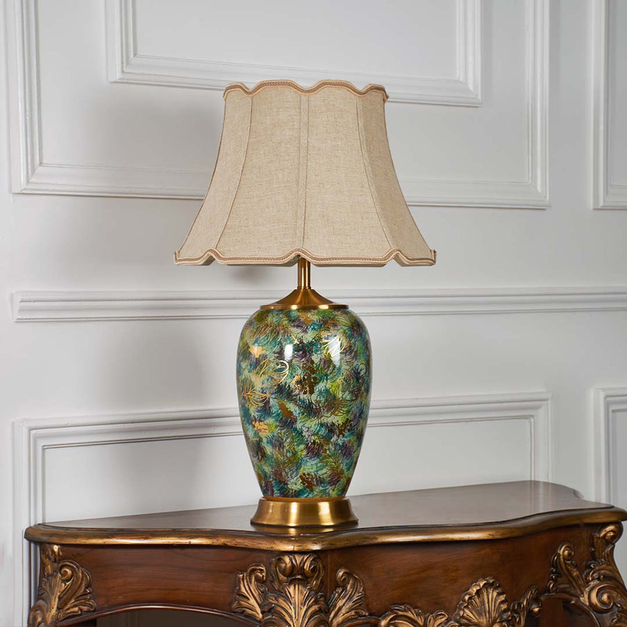 Artisan Crafted American Style Ceramic Table Lamp with Beige Shade Light Off White Background