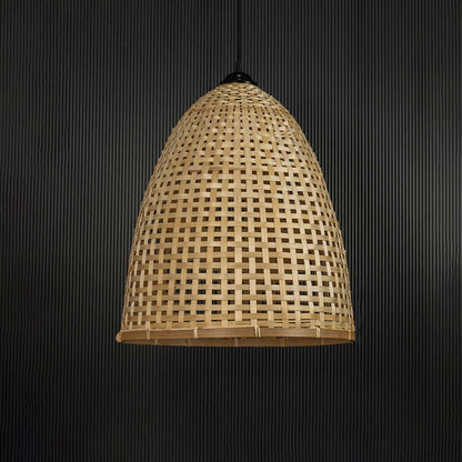 Bamboo pendant light bulb off on black background with handwoven tall dome wicker shade for natural home lighting.