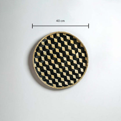 Round woven bamboo basket 40cm diameter with black geometric pattern dimension image showing handcrafted wall decor piece.