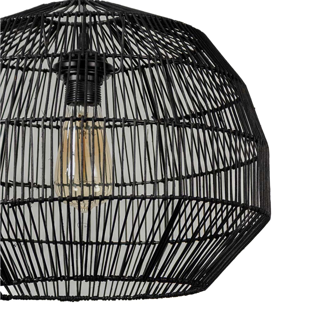 Closeup of black woven pendant lamp showing intricate handmade detailing and premium craftsmanship for a refined home aesthetic.