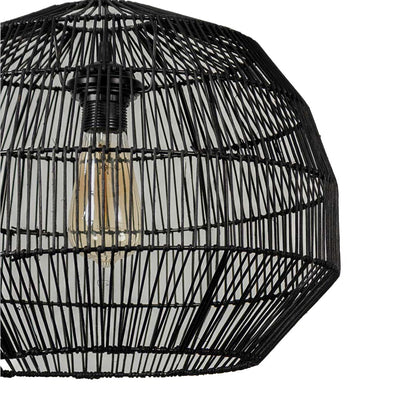 Closeup of black woven pendant lamp showing intricate handmade detailing and premium craftsmanship for a refined home aesthetic.