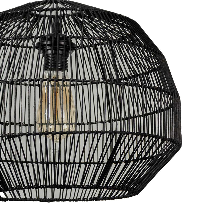 Closeup of black woven pendant lamp showing intricate handmade detailing and premium craftsmanship for a refined home aesthetic.