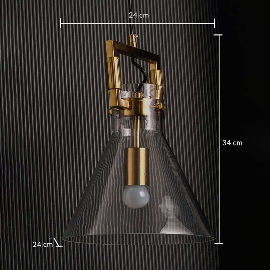 Cone glass pendant light with gold hardware shown with height 34 cm and width 24 cm providing clear accurate measurement details.