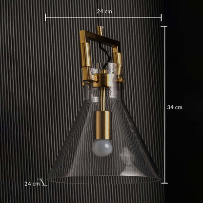 Cone glass pendant light with gold hardware shown with height 34 cm and width 24 cm providing clear accurate measurement details.