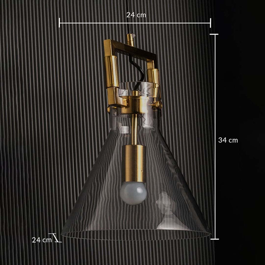 Cone glass pendant light with gold hardware shown with height 34 cm and width 24 cm providing clear accurate measurement details.
