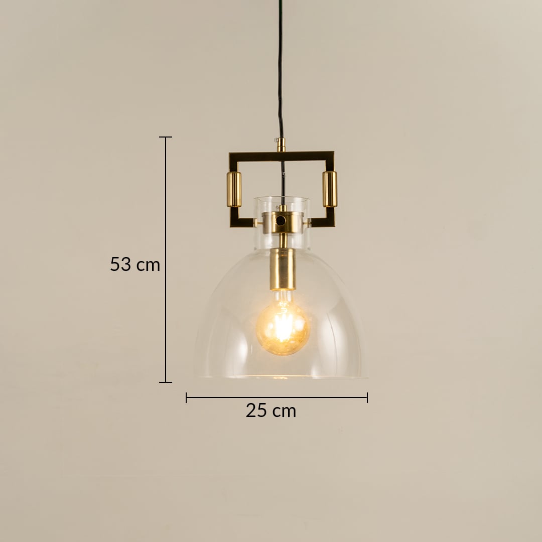 Glass dome pendant light with gold accents displayed with height 53 cm and width 25 cm providing clear accurate measurement details.