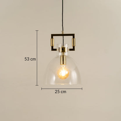 Glass dome pendant light with gold accents displayed with height 53 cm and width 25 cm providing clear accurate measurement details.