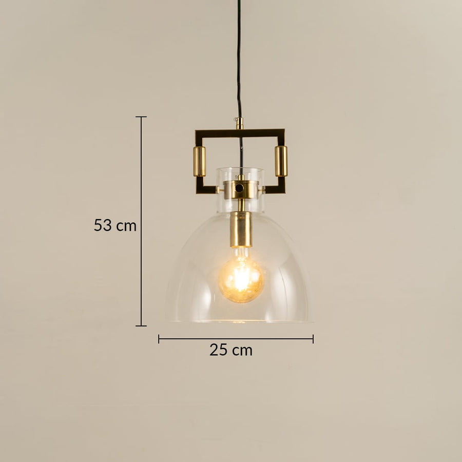 Glass dome pendant light with gold accents displayed with height 53 cm and width 25 cm providing clear accurate measurement details.