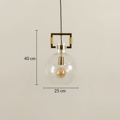 Glass globe pendant light with gold accents displayed with height 40 cm and width 25 cm offering clear size reference for interior planning.