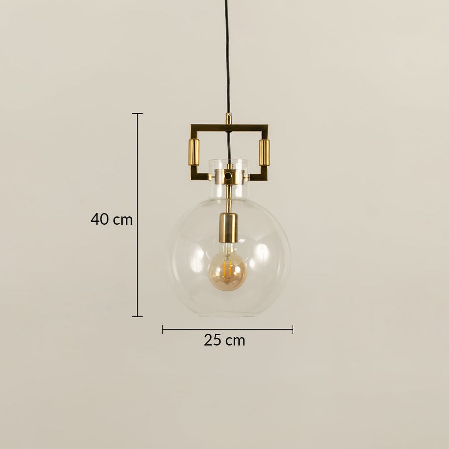 Glass globe pendant light with gold accents displayed with height 40 cm and width 25 cm offering clear size reference for interior planning.