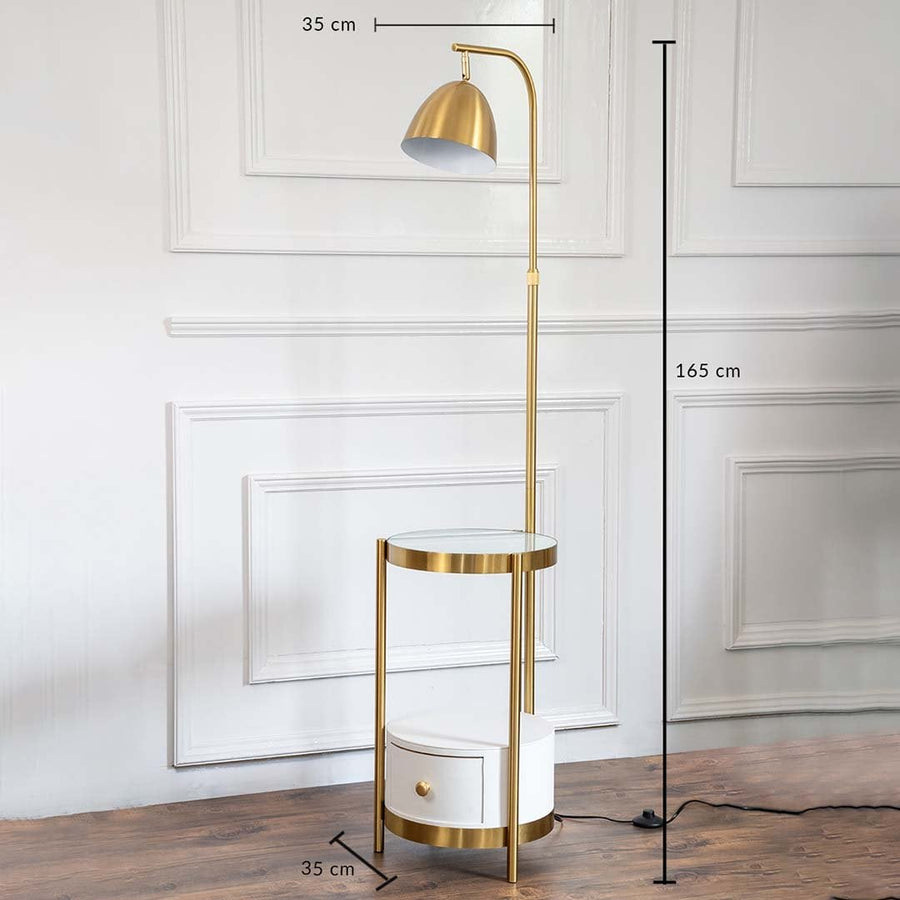 Gold floor lamp with glass side table and drawer showing 165 cm height and 35 cm width dimensions.