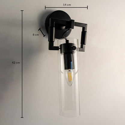 Black and glass wall light with 42 cm height and 14 cm width shown with measurements ideal for modern interiors.