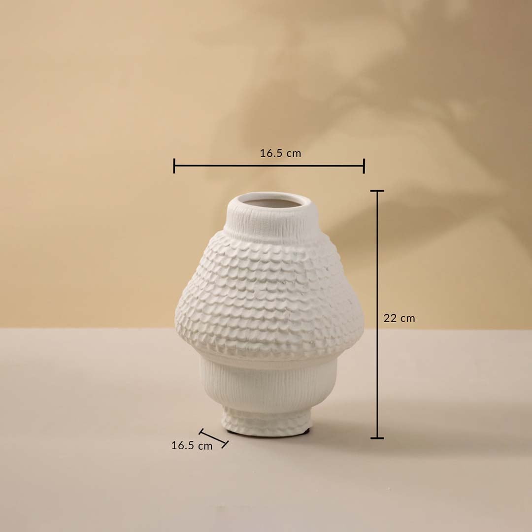 White ceramic vase on white background showing height 22 cm and width 16 cm with 16 cm base suitable for tabletop and console decor.