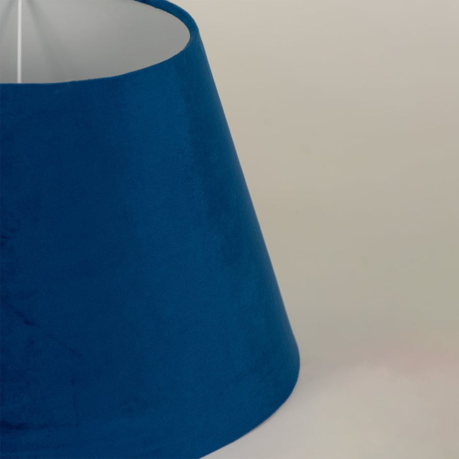 Close view of the blue velvet lampshade showing its soft plush texture and refined tapered design with smooth fabric detailing.