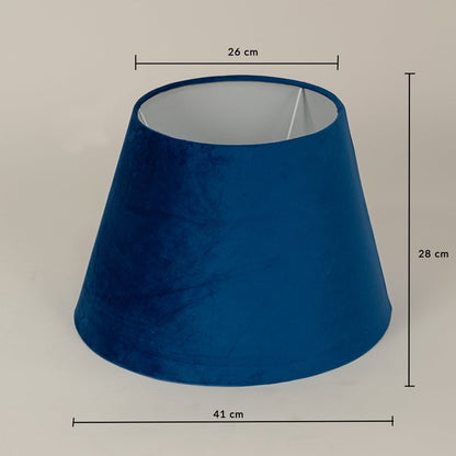 Blue velvet lampshade displayed with 28 cm height 26 cm top width and 41 cm bottom width shown clearly on a plain background.