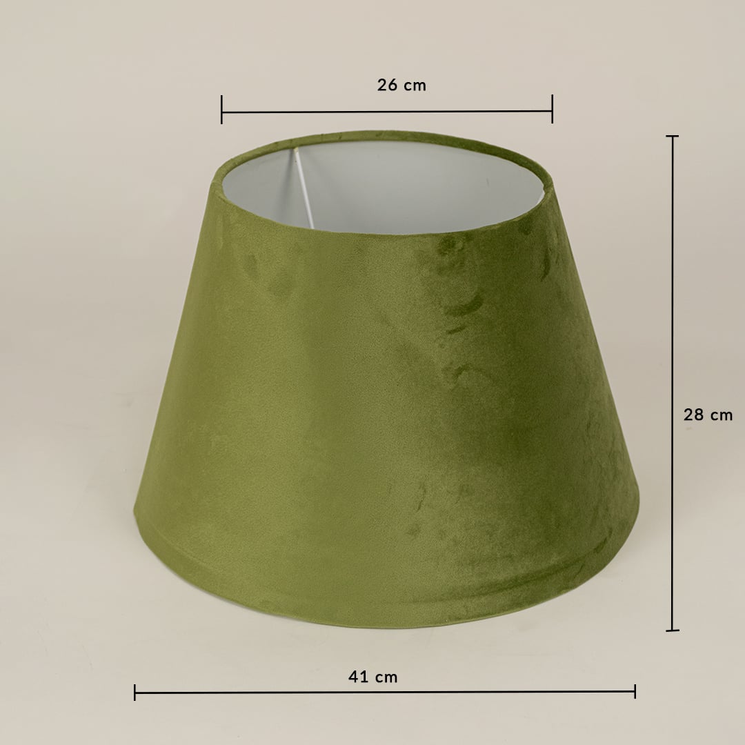 Green velvet lampshade with 26 cm top width 41 cm bottom width and 28 cm height shown clearly for accurate fitting.