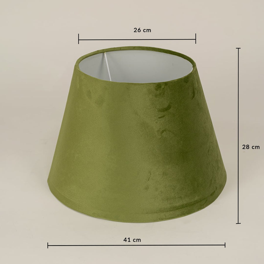 Green velvet lampshade with 26 cm top width 41 cm bottom width and 28 cm height shown clearly for accurate fitting.