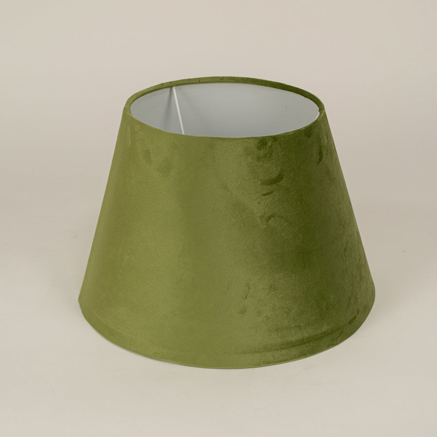 Green fabric lampshade with smooth finish on white background suitable for table lamp bedroom and living room decor.