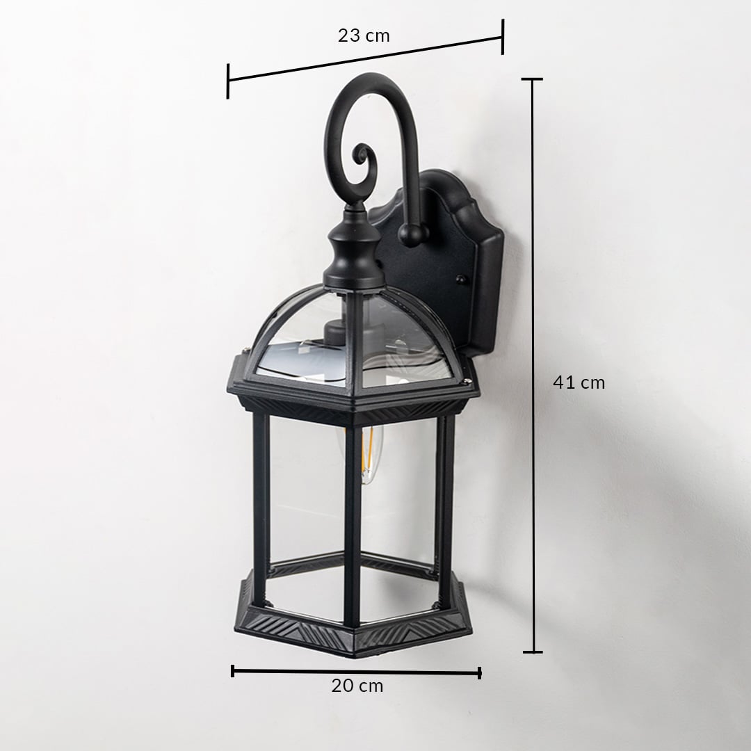 Lantern wall light dimensions 41 cm height 23 cm depth and 20 cm width on white background.
