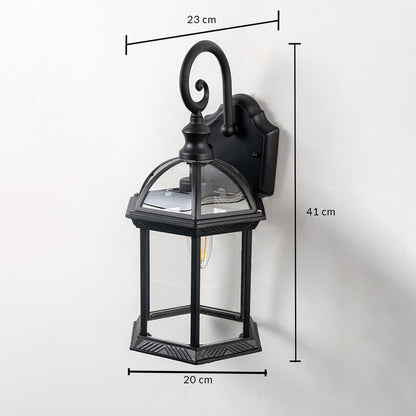 Lantern wall light dimensions 41 cm height 23 cm depth and 20 cm width on white background.