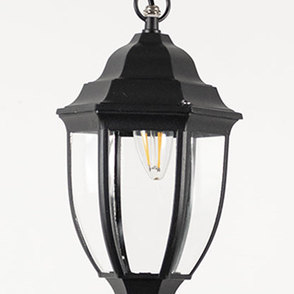 Contemporary black metal hanging lantern light with curved clear glass and sleek frame for patio decor.
