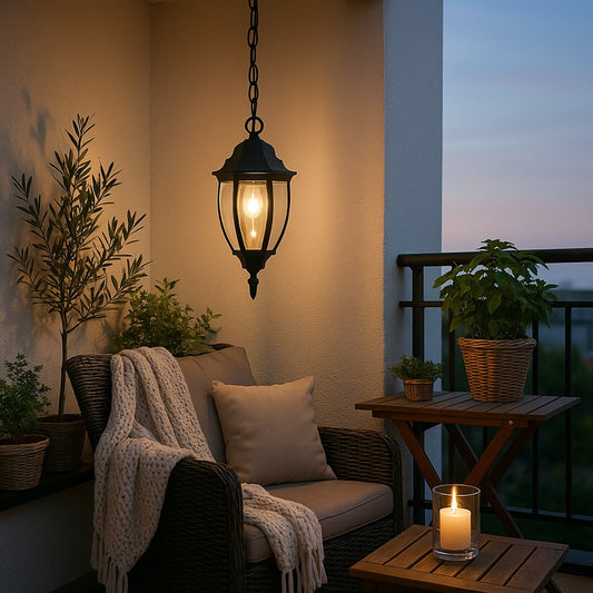 Modern black metal hanging lantern light creating cozy balcony ambiance with warm evening outdoor decor.