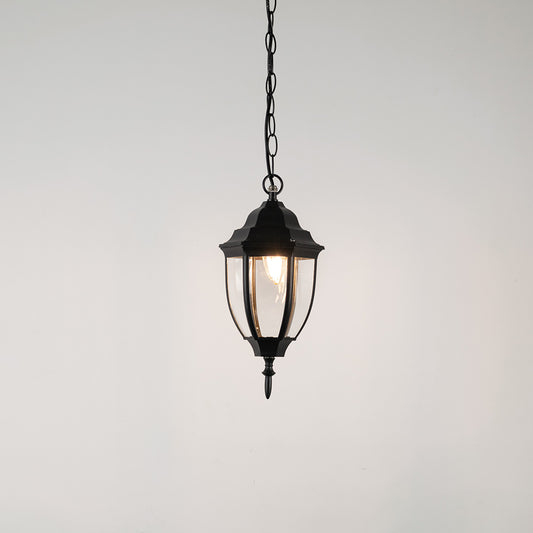 Elegant black metal hanging lantern light with clear curved glass for stylish outdoor lighting decor.