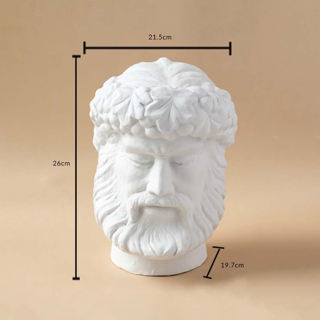 White sculpted head décor piece in a front view measuring 21 cm width and 27 cm height ideal for artistic décor styling and pedestal display.
