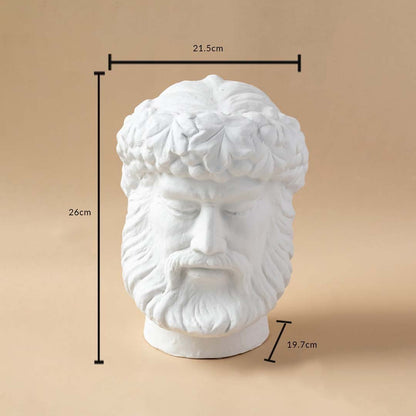 White sculpted head décor piece in a front view measuring 21 cm width and 27 cm height ideal for artistic décor styling and pedestal display.
