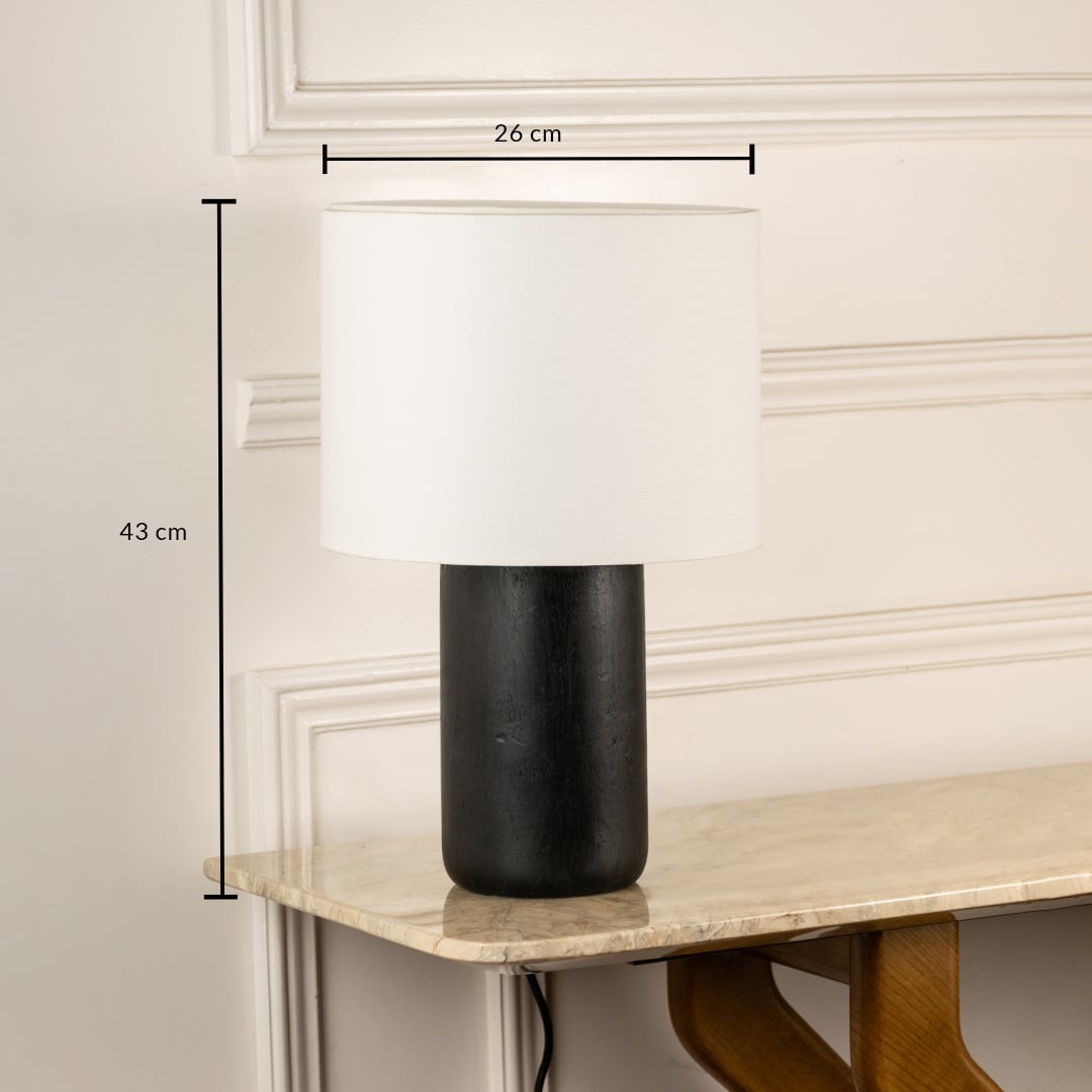 Black ceramic table lamp with white fabric shade measuring 43 cm height and 26 cm width for modern interior lighting.