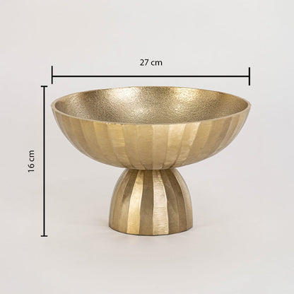 Gold decorative bowl measuring 27 cm wide and 16 cm high with hammered texture and sculpted base on white backdrop