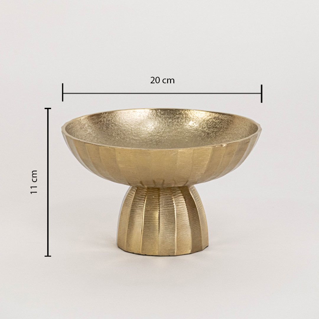 Gold decorative bowl on pedestal base displayed on a white background with dimensions showing 20 cm width and 11 cm height