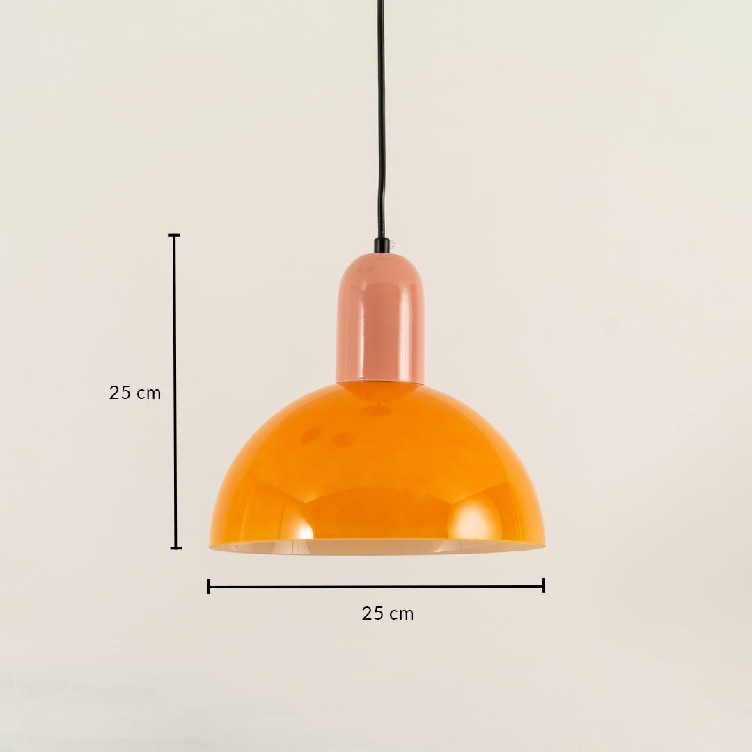 Pendant light measuring 25 cm in height and width featuring a dome design with orange shade and pink top for stylish modern spaces.