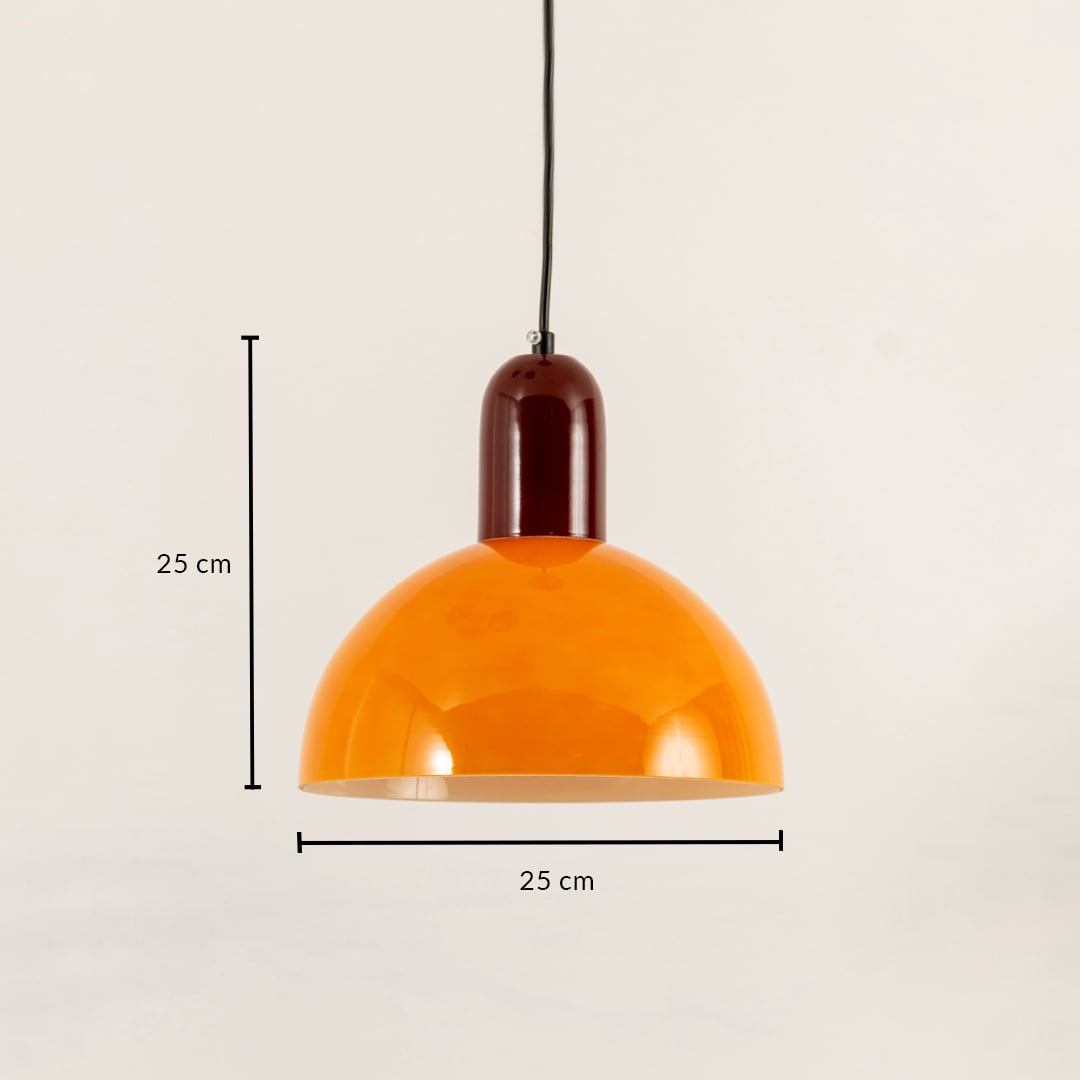 Orange metal dome pendant light dimension image with 25 cm width and 25 cm height for modern cafe placement.