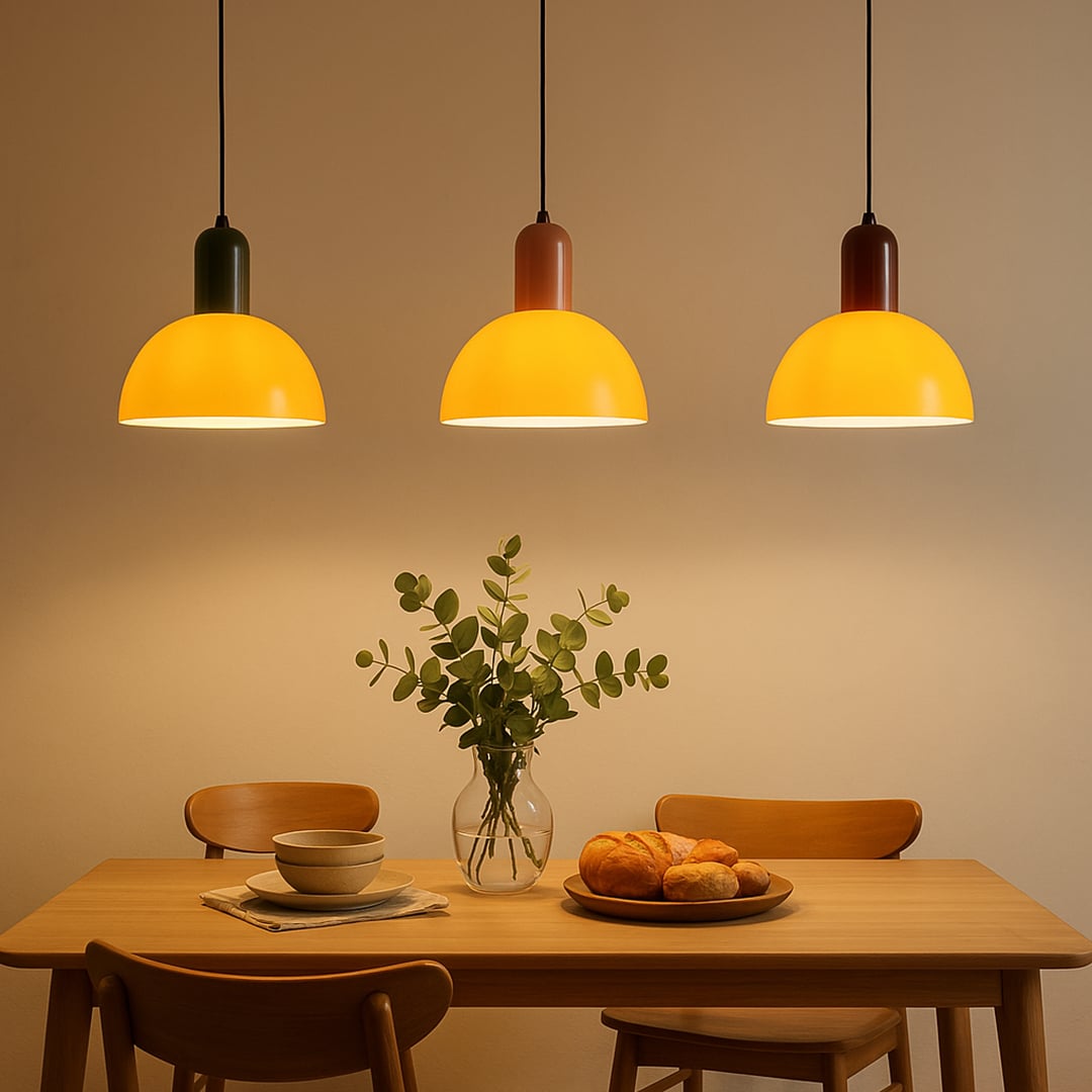 Yellow metal pendant lights above dining table creating warm ambient lighting in a modern dining room setting.